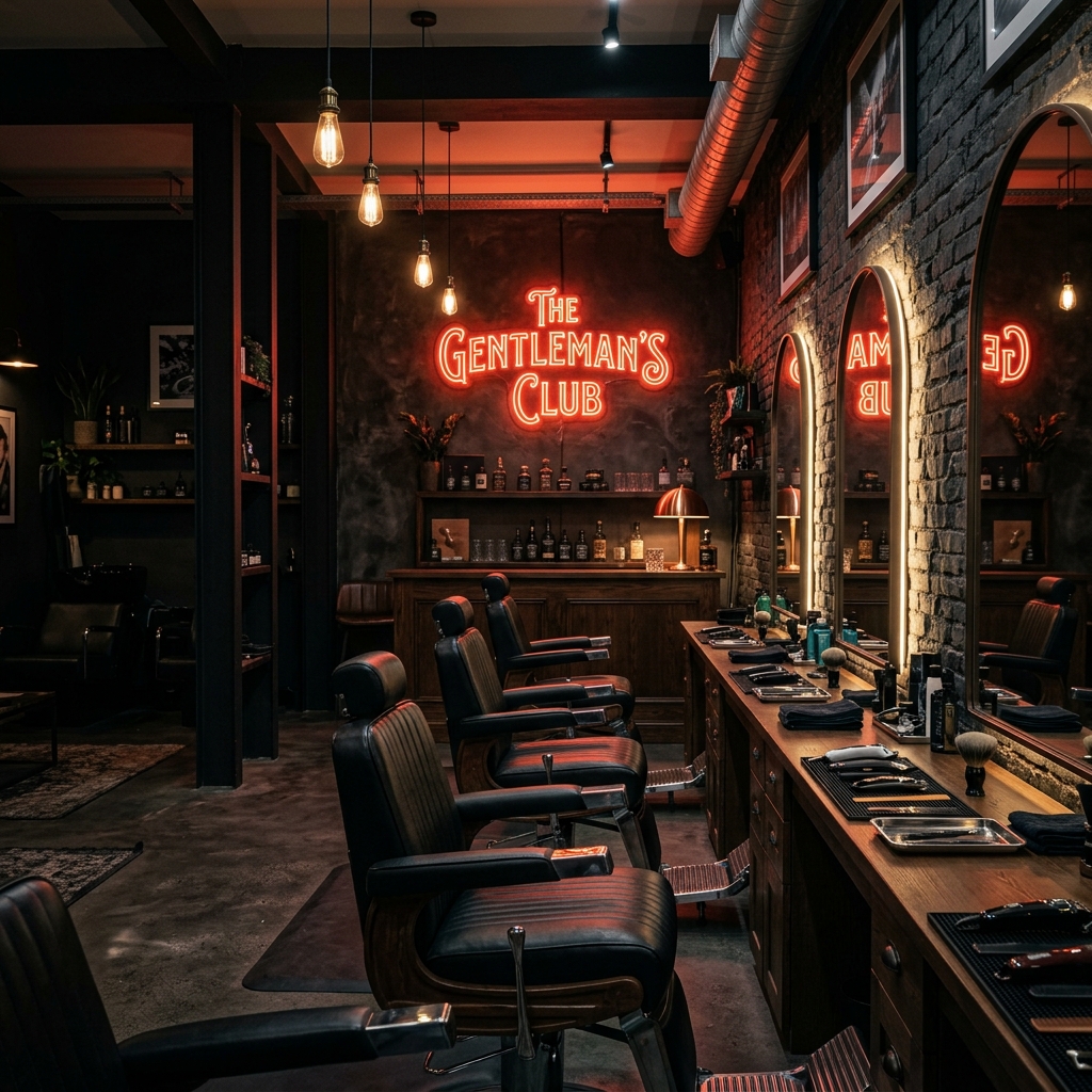 Breakroom Barbershop Interior styling chairs and red neon lighting